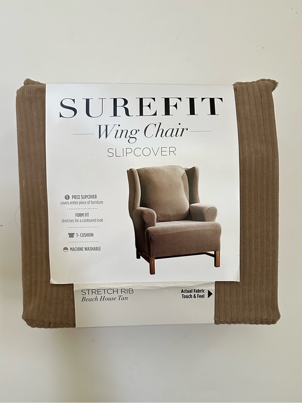 Sure Fit Beach House Tan Stretch Rib Wing Chair Slipcover NWT